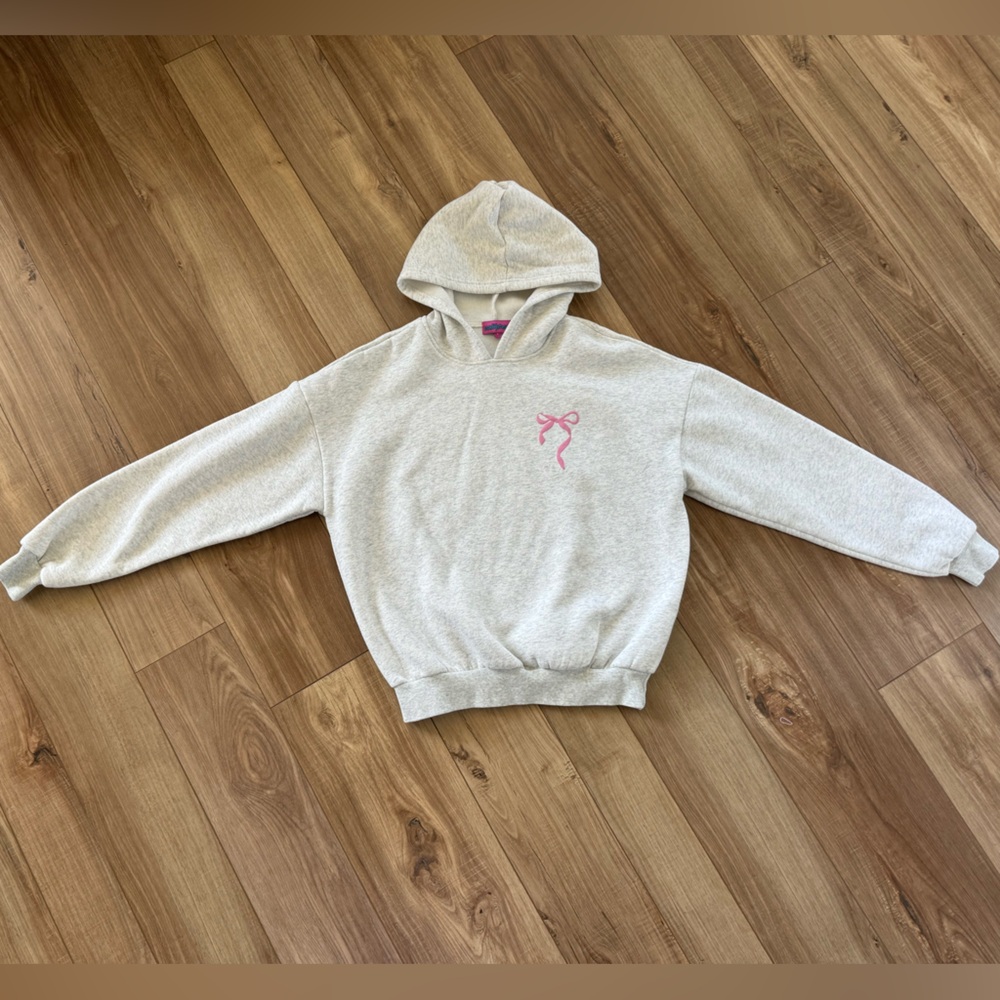 Edikted Light Gray Hoodie with Pink Bow Script Accent